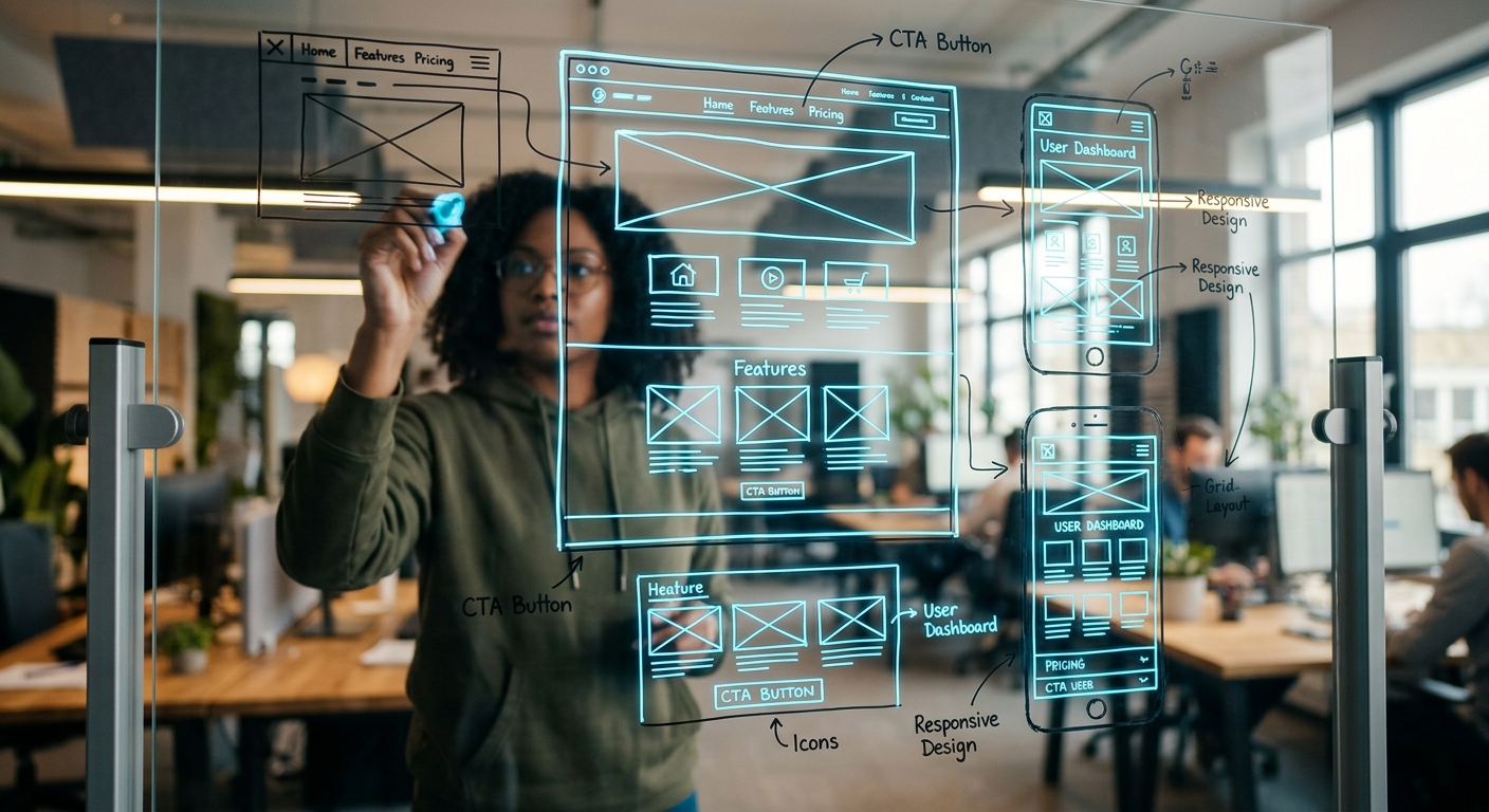 מעצבת UI/UX משרטטת אפיון ממשק משתמש (Wireframes) לאתר ולאפליקציה על לוח זכוכית שקוף במשרד