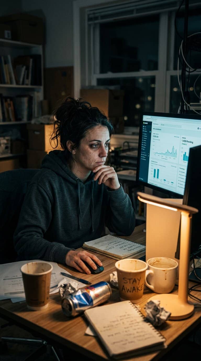 אישה עייפה ומותשת עובדת שעות נוספות אל תוך הלילה מול מסך מחשב המציג נתונים, יושבת בשולחן עבודה מבולגן עם כוסות קפה ופחית משקה אנרגיה.